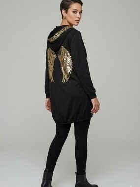 ​ChicMe Black Longline Zip Up Hoodie Tunic Gold Sequin Angel Wings XL AngelCore